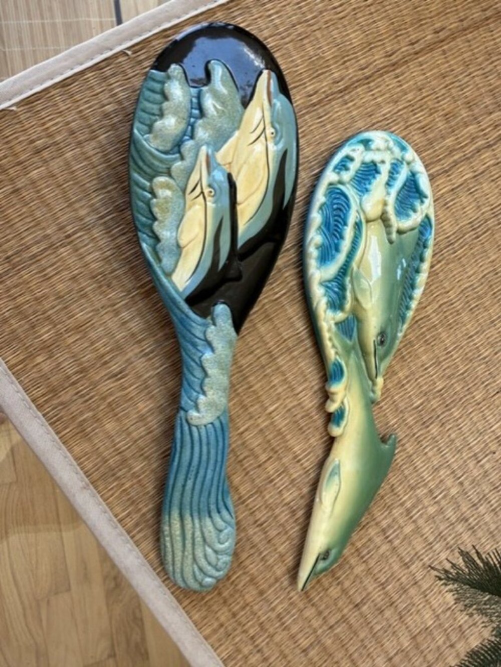 Hand Painted Art HairBrush Hand Mirror Blue Waves Dolphin Design pin brush